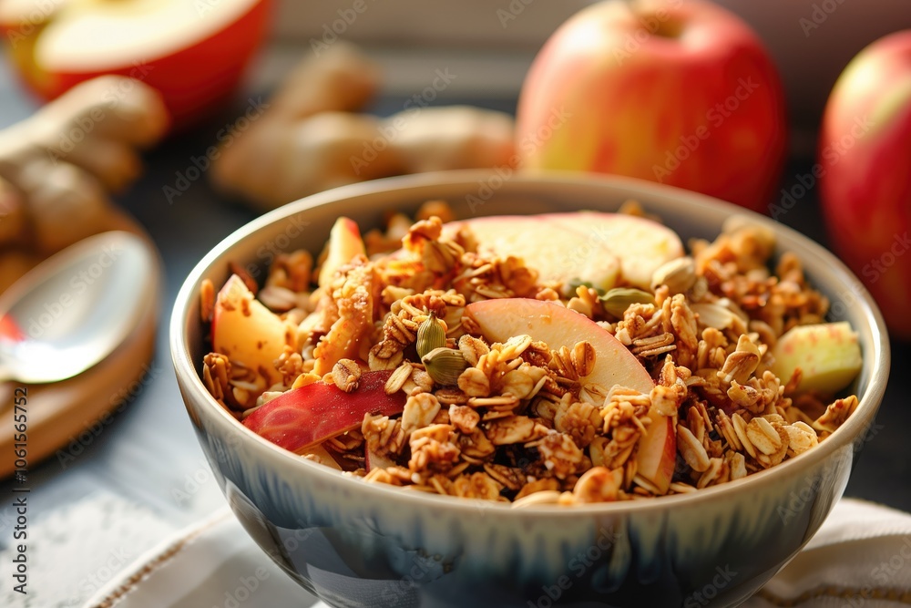 Healthy Breakfast Bowl With Fresh Apples And Granola. Vibrant and wholesome, great for fitness and health enthusiasts. Healthy Breakfast Bowl With Fresh Apples And Granola. Vibrant and wholesome, great for fitness and health enthusiasts.