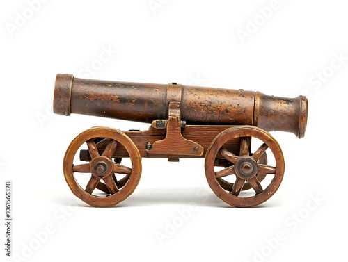 A cannon with wooden wheels on an isolated