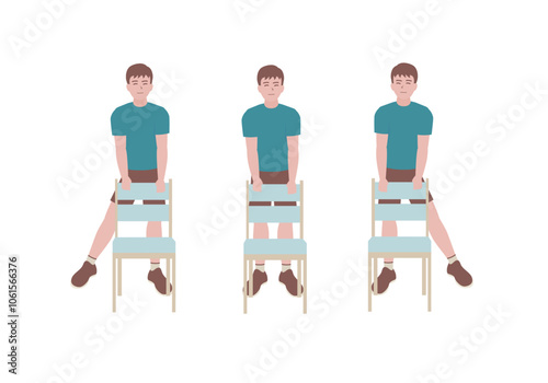 Men doing exercises step by step. Exercises that can be done at-home using a sturdy chair. Isolated vector illustration in cartoon style.