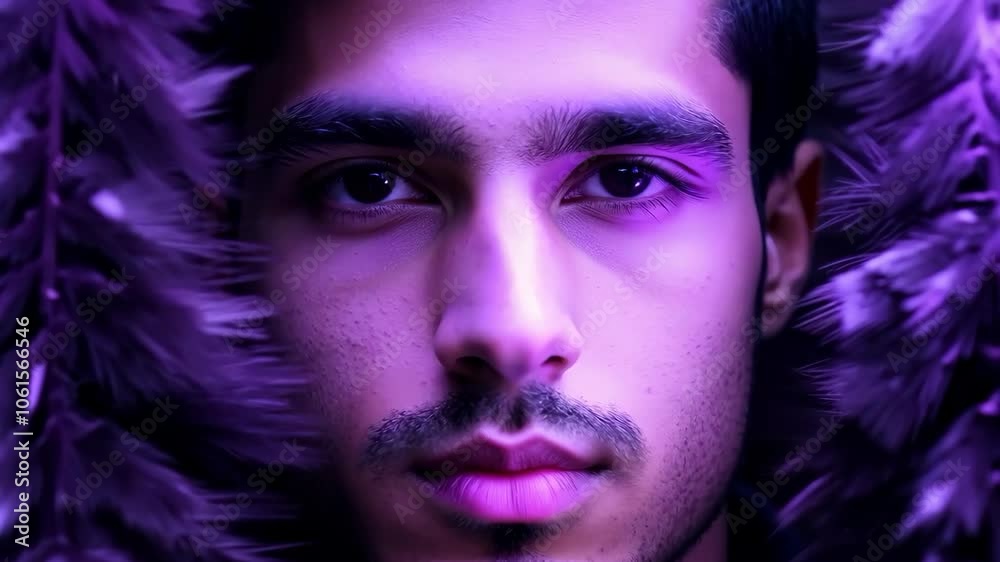 Mysterious portrait of a man with purple neon lighting and feathered fringe Mysterious portrait of a man with purple neon lighting and feathered fringe