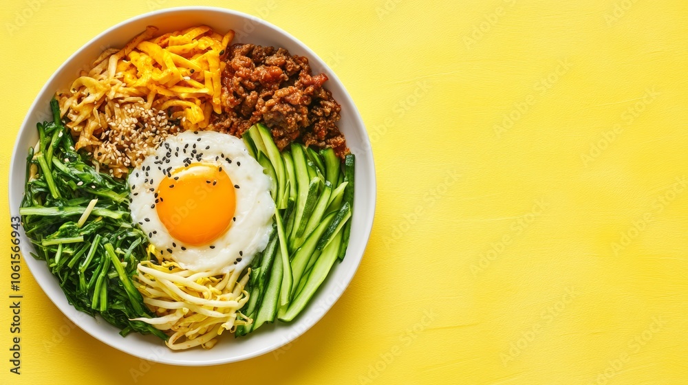 A bowl of bibimbap, a Korean dish with rice, vegetables, meat, and a fried egg, on a yellow background. A bowl of bibimbap, a Korean dish with rice, vegetables, meat, and a fried egg, on a yellow background.