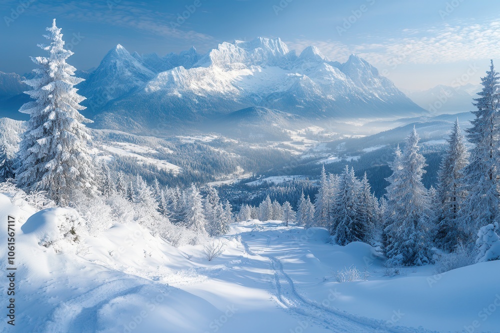Obraz premium A breathtaking winter landscape showcases a valley blanketed in snow, with majestic mountains rising in the distance. Pine trees dot the foreground, creating a serene atmosphere under a cloudy sky.
