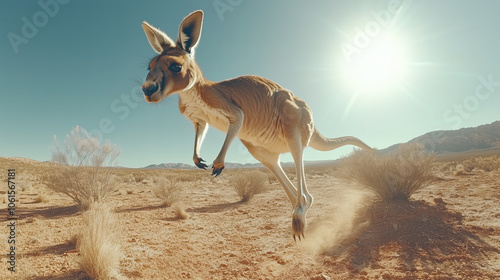 dynamic image of kangaroo mid leap in desert landscape, showcasing its muscular form and agility photo