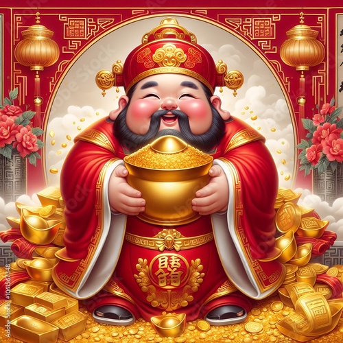 Happy New year god of wealth character design with lucky money collection with Generative AI. photo