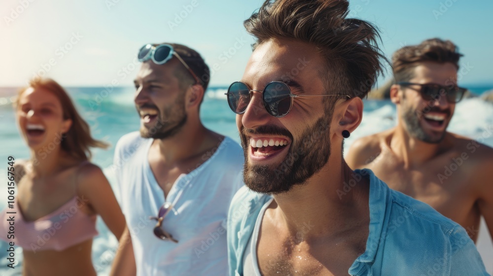 A group of friends joyfully enjoying a sunny beach day, their laughter mixing with the waves, embodying a carefree summer spirit. A group of friends joyfully enjoying a sunny beach day, their laughter mixing with the waves, embodying a carefree summer spirit.