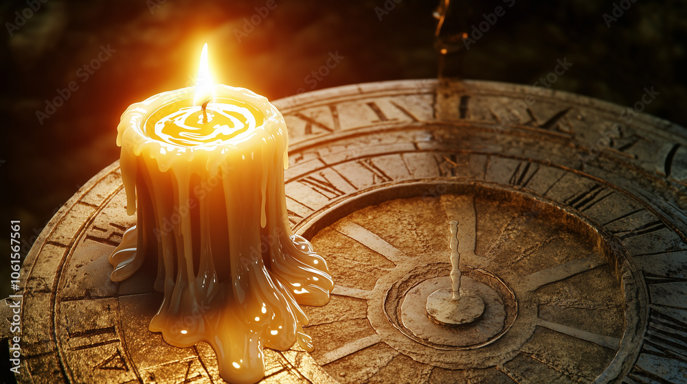 Melting candle over sundial symbolizing the passage of time and ephemerality Melting candle over sundial symbolizing the passage of time and ephemerality