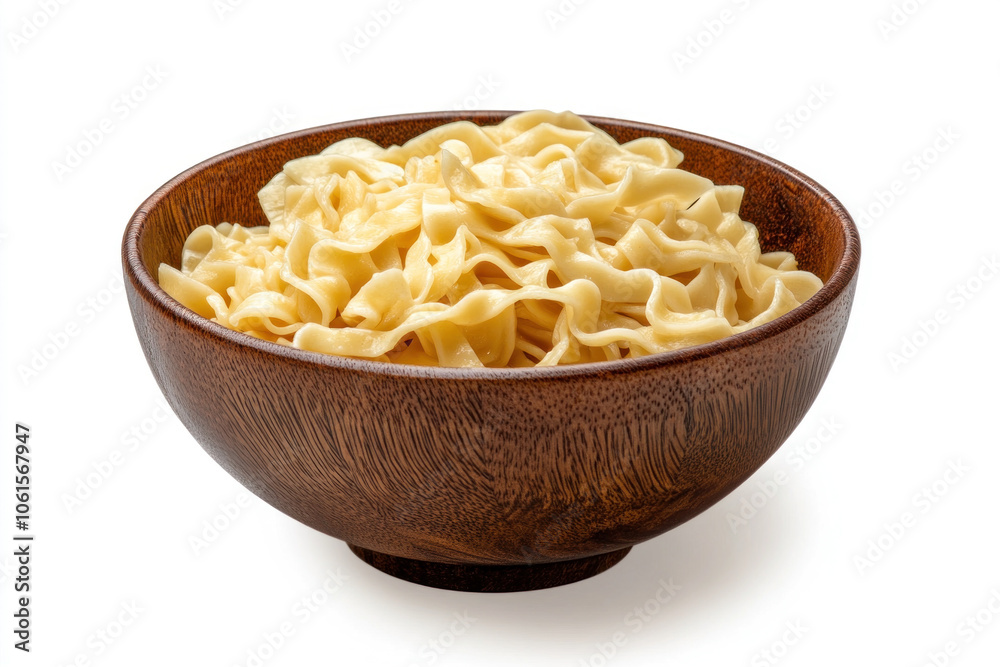 Wooden bowl filled with steaming pasta topped with fresh basil and grated cheese, on a rustic table setting. Wooden bowl filled with steaming pasta topped with fresh basil and grated cheese, on a rustic table setting.