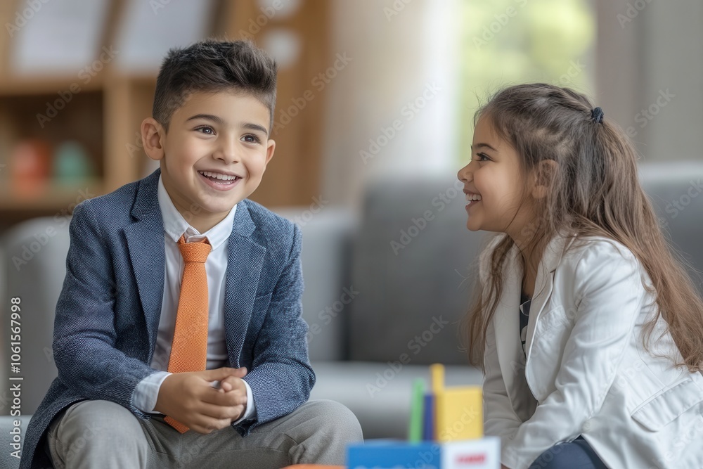 An enthusiastic Hispanic boy aged four, dressed in tailored trousers and an orange tie, engages in a lively conversation with a girl in a white blazer. Their joyful interaction takes place in a bright An enthusiastic Hispanic boy aged four, dressed in tailored trousers and an orange tie, engages in a lively conversation with a girl in a white blazer. Their joyful interaction takes place in a bright