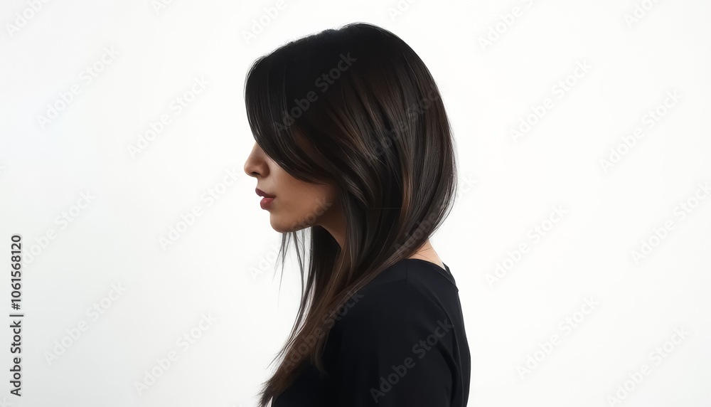 Woman with long black hair is standing in front of a white background Woman with long black hair is standing in front of a white background