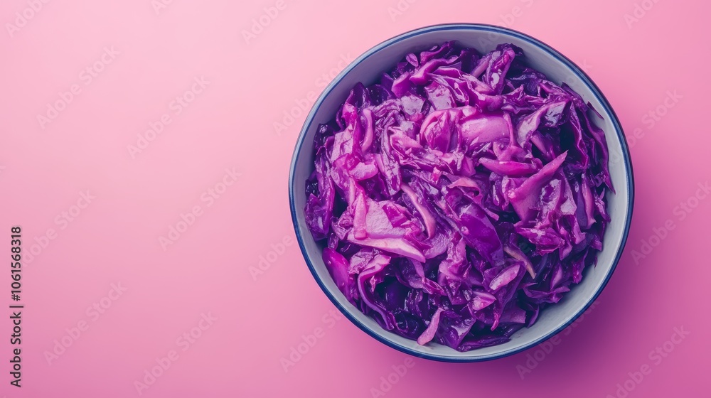 A bowl of cooked red cabbage on a pink background. A bowl of cooked red cabbage on a pink background.