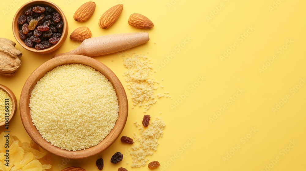 A bowl of couscous with almonds, raisins, and pasta on a yellow background.