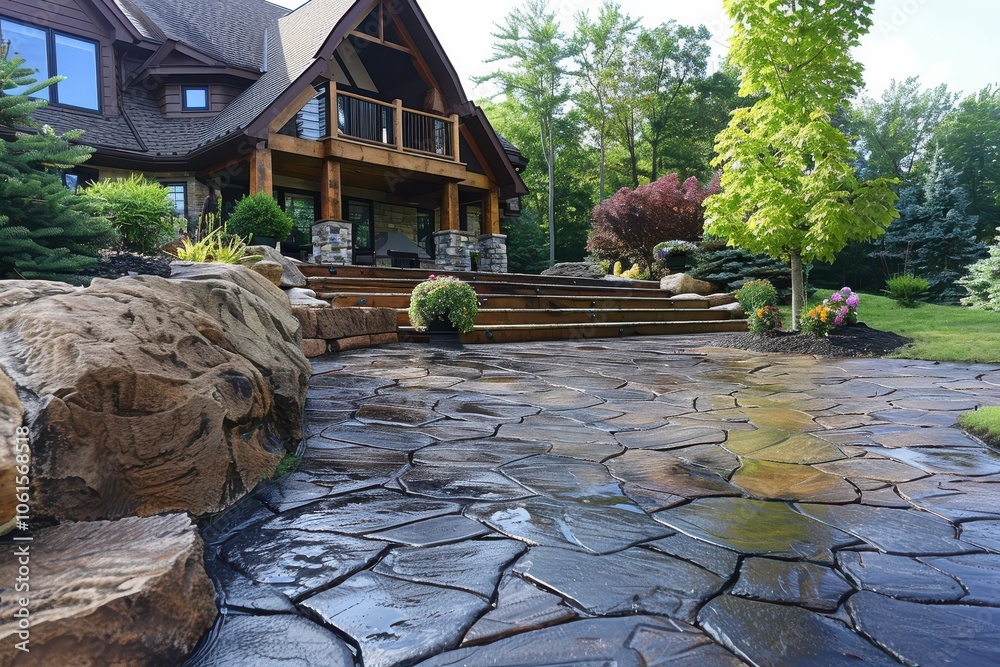Wet stamped concrete patio resembling flagstone, enhancing outdoor spaces with durable and stylish design.