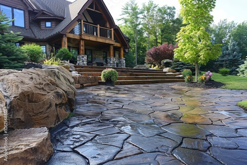 Obraz na płótnie Wet stamped concrete patio resembling flagstone, enhancing outdoor spaces with durable and stylish design. w salonie