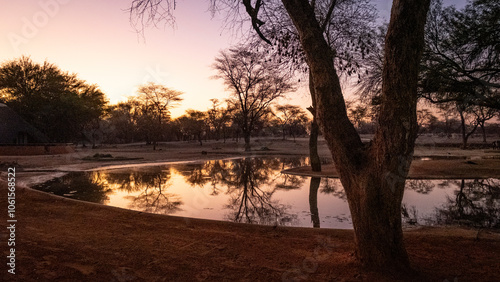 Waterhole in Sunset in the Wilderness of Namibia, Southern Africa