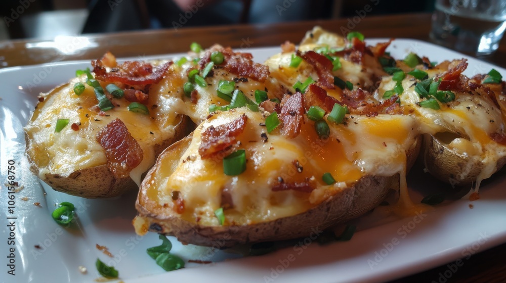 Plate of loaded potato skins with melted cheese, bacon, and green onions Plate of loaded potato skins with melted cheese, bacon, and green onions