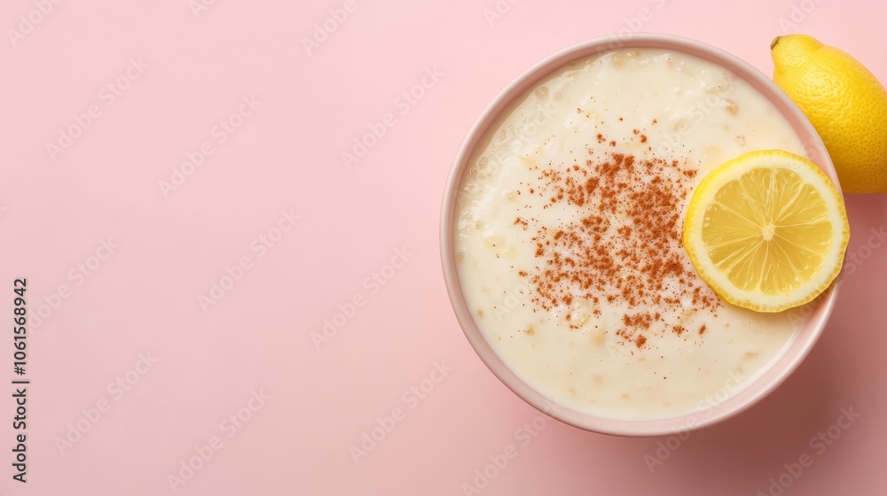 A bowl of creamy rice pudding topped with cinnamon and a lemon wedge on a pink background. A bowl of creamy rice pudding topped with cinnamon and a lemon wedge on a pink background.