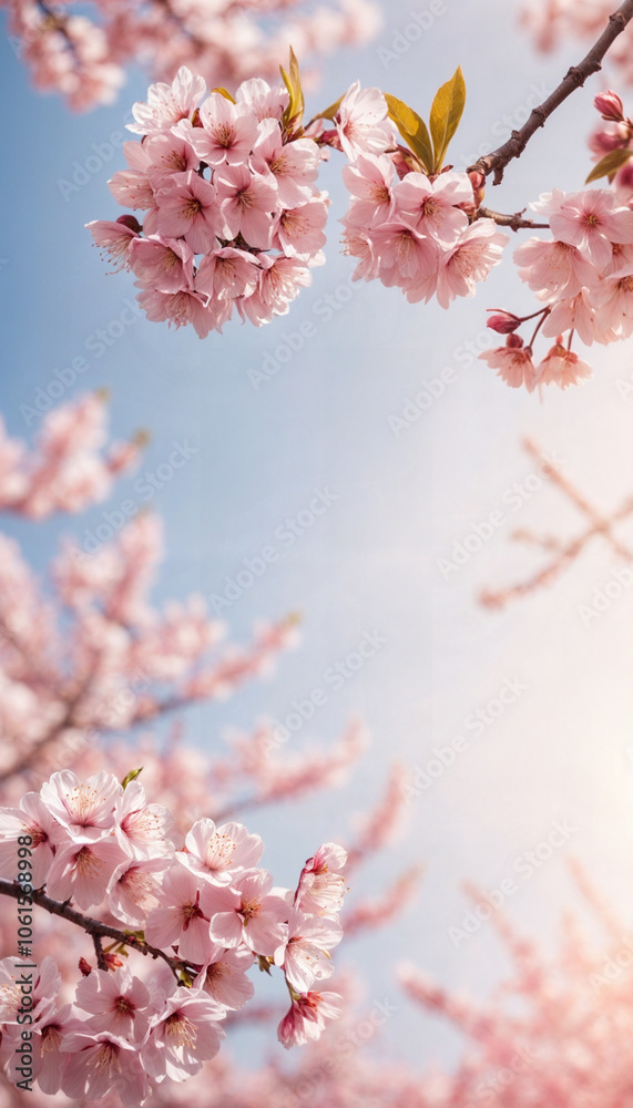 Fototapeta premium Horizontal banner with sakura flowers of pink color on sunny backdrop. Beautiful nature spring background with a branch of blooming sakura. Sakura blossoming season in Japan