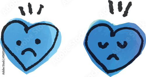 不機嫌な表情・手描き風のかわいい青いハート　手描きイラスト