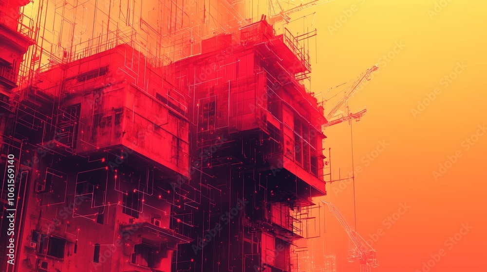 Obraz premium Amodern architectural scene bathed in intense red and yellow hues. Tall buildings and cranes are depicted in a dynamic, digital style with neon-like lines and geometric overlays