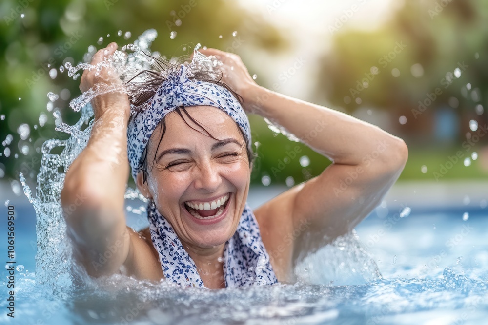 A cheerful 65 year old grandmother splashes joyfully in a bright blue pool on a sunny summer day. Her hands are raised, and droplets of water fly around as sunlight creates a playful atmosphere in her A cheerful 65 year old grandmother splashes joyfully in a bright blue pool on a sunny summer day. Her hands are raised, and droplets of water fly around as sunlight creates a playful atmosphere in her