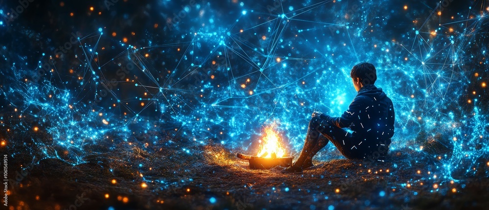 Fototapeta premium The Holographic Campfire, Digital Nomadism and Lifestyle