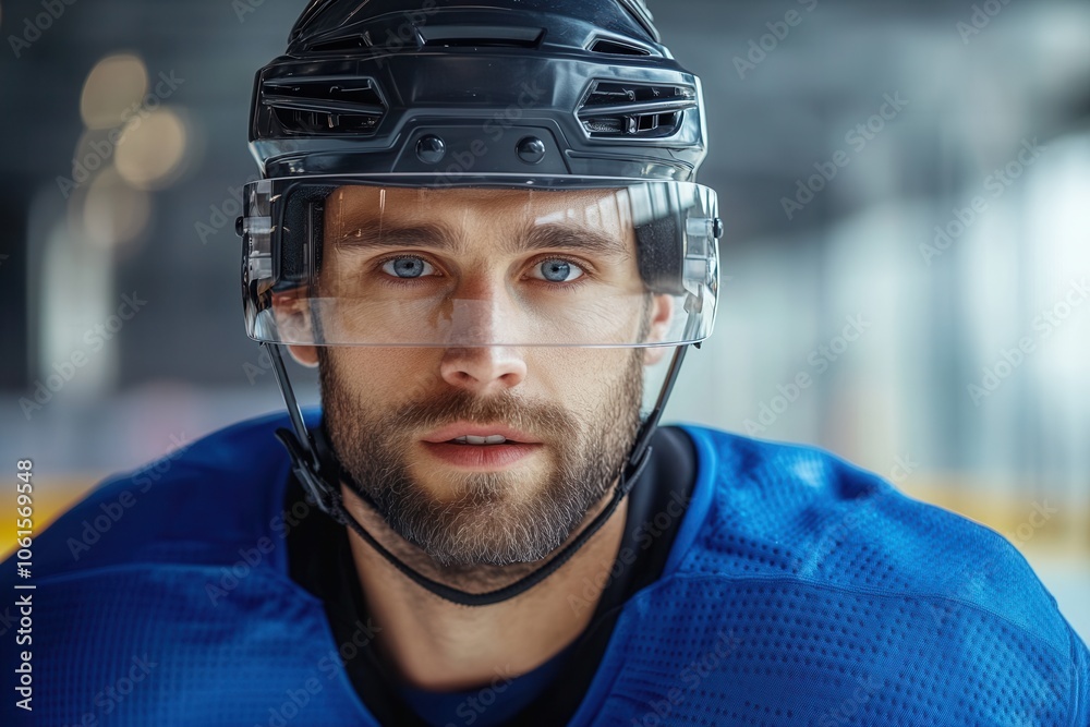 A focused hockey player stands ready in full gear, wearing a blue T shirt and black helmet. He grips his hockey stick tightly, showcasing his determination as he prepares for a challenging moment on t A focused hockey player stands ready in full gear, wearing a blue T shirt and black helmet. He grips his hockey stick tightly, showcasing his determination as he prepares for a challenging moment on t