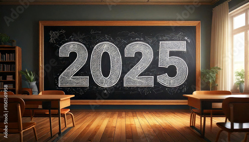 The year 2025 is written in large, chalky letters on a classic green chalkboard, set against the backdrop of a traditional classroom. The scene evokes a sense of nostalgia and new year. photo