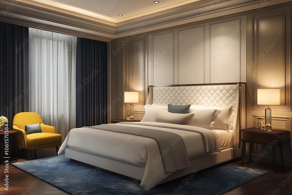Modern Bedroom with Marble Flooring and Mirrored Closet Modern Bedroom with Marble Flooring and Mirrored Closet