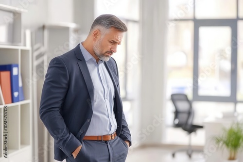 A businessman dressed in a suit stands in an empty conference room, looking down with a sad expression. The soft shadows create a lonely atmosphere, highlighting the isolation in his workplace during 