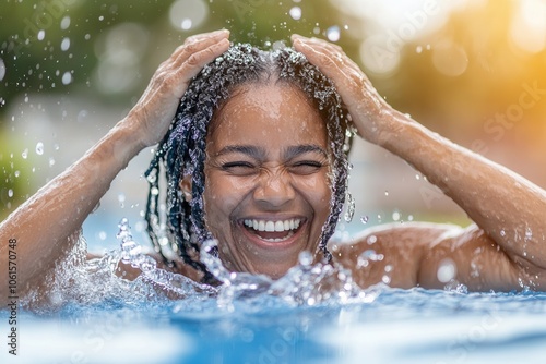 A laughing grandmother with braided dreadlocks enjoys a playful moment in a sunny pool. Water splashes around her as she raises her hands, embodying pure joy on a bright summer day with sunlight danci photo