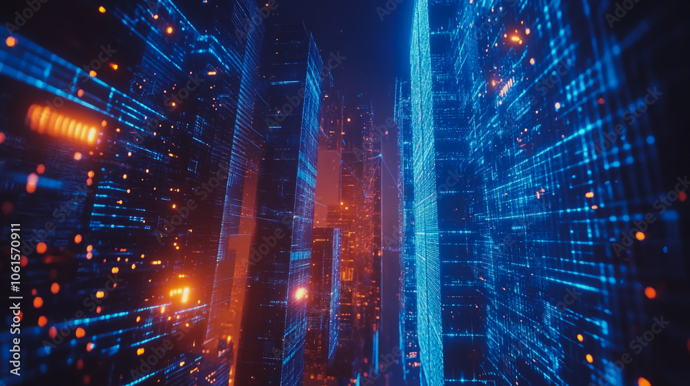Smart digital city with connection cyber security network reciprocity over the cityscape . future smart wireless digital city and social media networking systems that connects people within the city