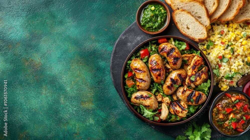 A bowl of grilled sausage with rice, green sauce, and bread on a green background. A bowl of grilled sausage with rice, green sauce, and bread on a green background.