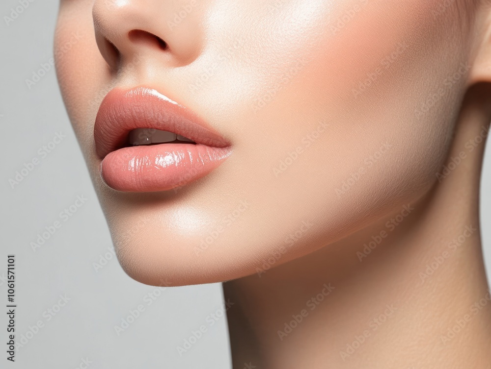 Obraz premium Close-up of a woman's lips and chin, highlighting beauty and skincare.