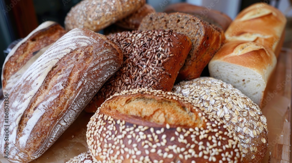 A selection of various breads arranged on a wooden board, with wheat in the background, showcasing the concept of healthy eating. A selection of various breads arranged on a wooden board, with wheat in the background, showcasing the concept of healthy eating.