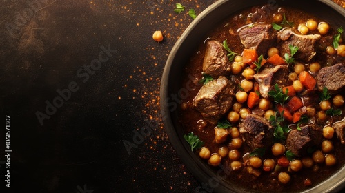 A bowl of hearty stew with chickpeas, meat, and carrots on a rustic brown background.