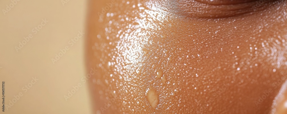Fototapeta premium Close-up of glistening skin with moisture droplets, highlighting texture and hydration.