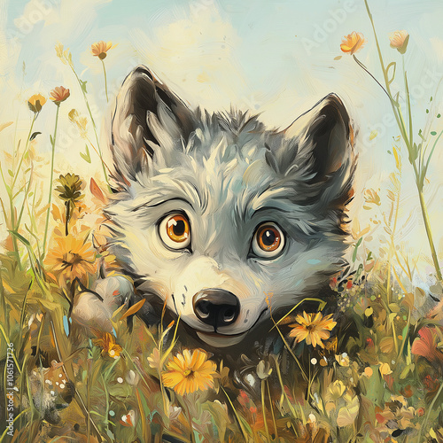 Whimsical Young Wolf Playing in a Meadow photo