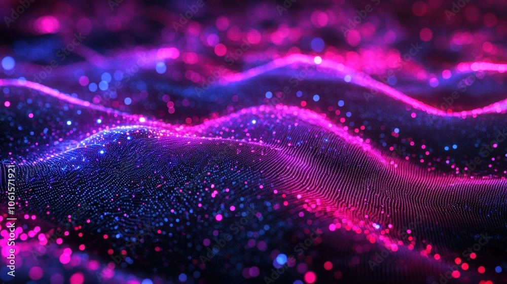 Abstract digital wave of pink and blue glowing particles. Abstract digital wave of pink and blue glowing particles.