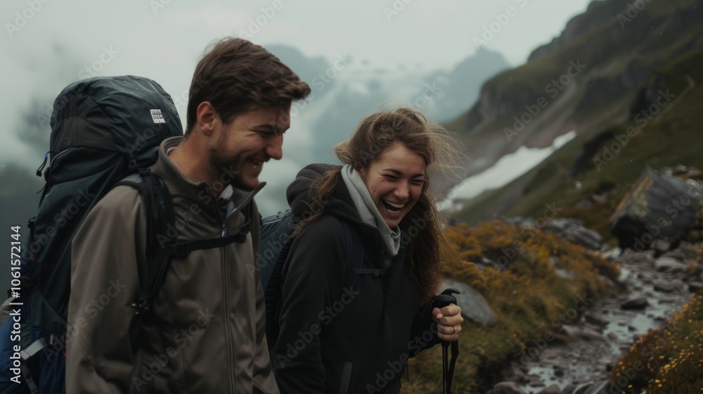 A couple hiking through misty mountain trails share a joyful moment, enveloped in nature's breathtaking, expansive scenery.
