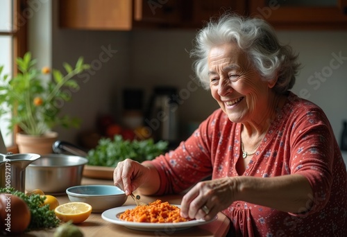 An elderly woman is smiling while preparing a colorful dish in her inviting kitchen. Fresh ingredients surround her as she adds the finishing touches, embodying joy and passion for cooking.