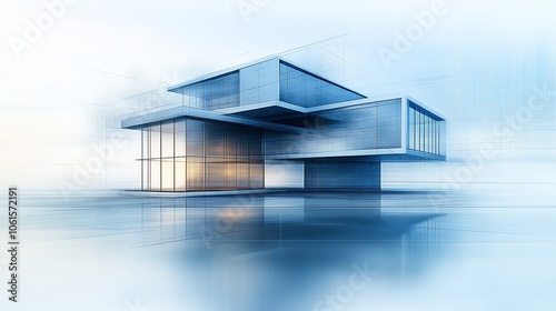 digital artwork features a sleek, minimalist architectural structure with floating elements, rendered in soft blue and white hues