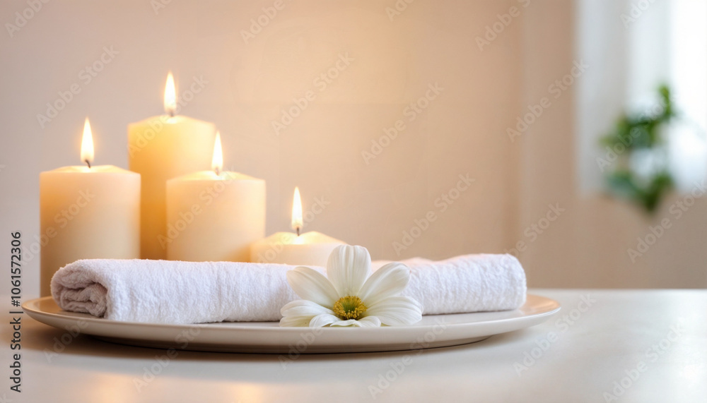 White empty table top in front, blurred spa background. Relax massage banner with candles. Advertising podium for showing product. White empty table top in front, blurred spa background. Relax massage banner with candles. Advertising podium for showing product.