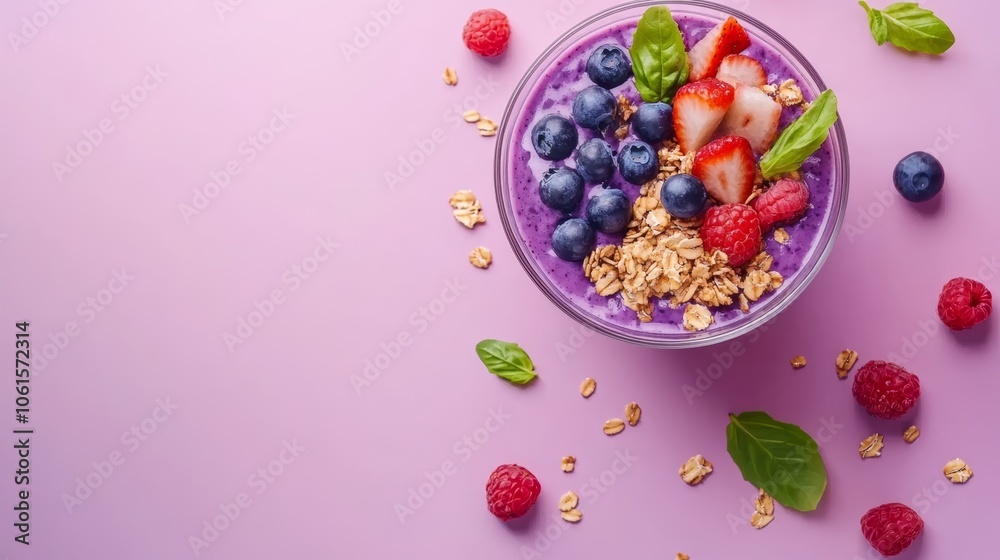 A bowl of purple smoothie topped with blueberries, strawberries, raspberries, and granola on a pink background. A bowl of purple smoothie topped with blueberries, strawberries, raspberries, and granola on a pink background.