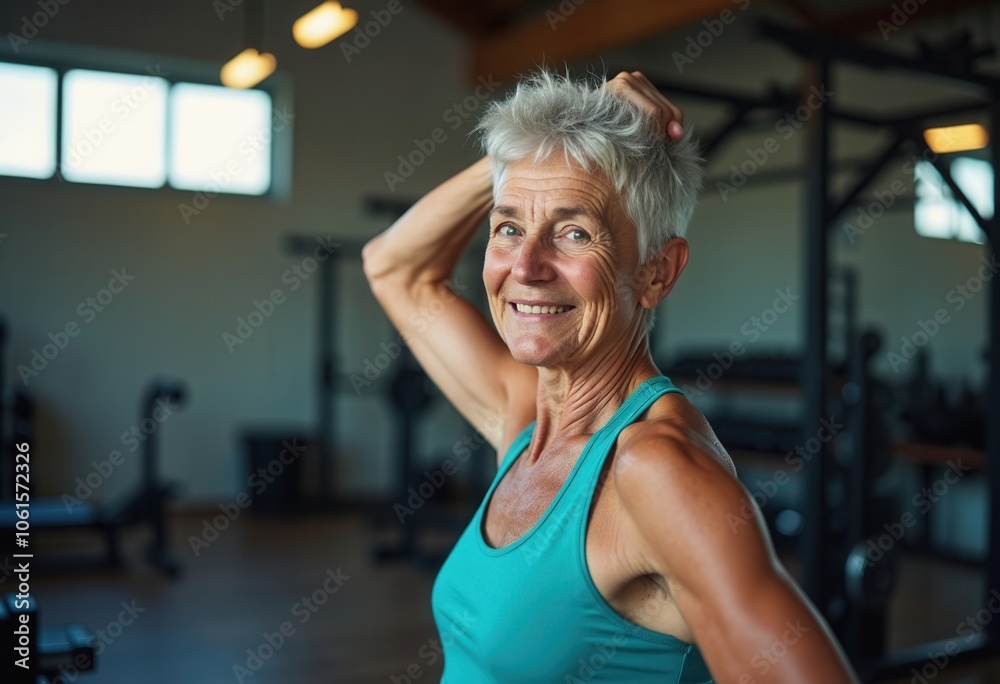 An energetic senior woman is playfully adjusting her hair while smiling confidently in a well equipped gym. The atmosphere emphasizes her commitment to fitness and an active lifestyle at an advanced a