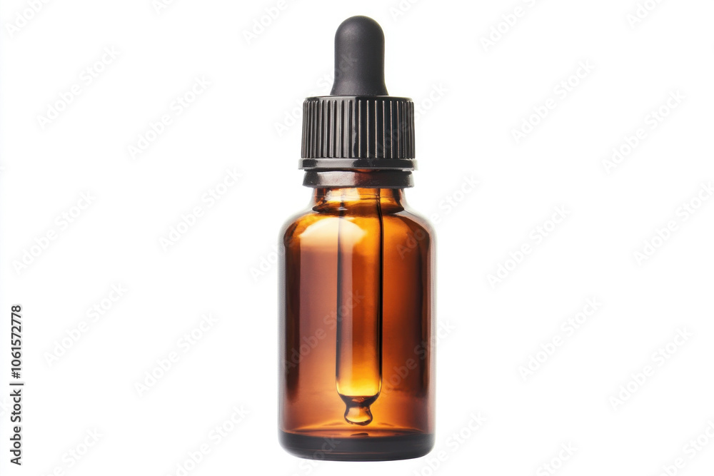 Brown glass dropper bottle with a black cap on a white background. Brown glass dropper bottle with a black cap on a white background.