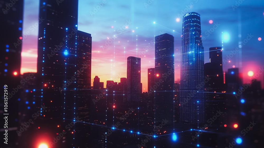 Smart digital city with connection cyber security network reciprocity over the cityscape . future smart wireless digital city and social media networking systems that connects people within the city