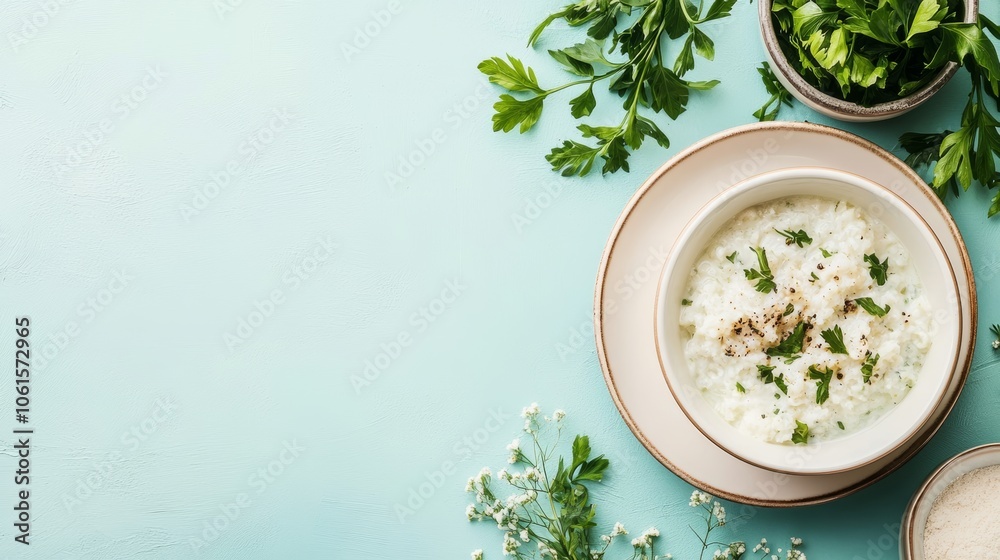 A bowl of rice with parsley and salt on a light blue background.