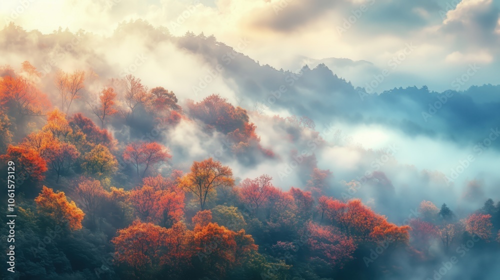 Naklejka premium Autumn scene with misty fog colorful forest sunrise