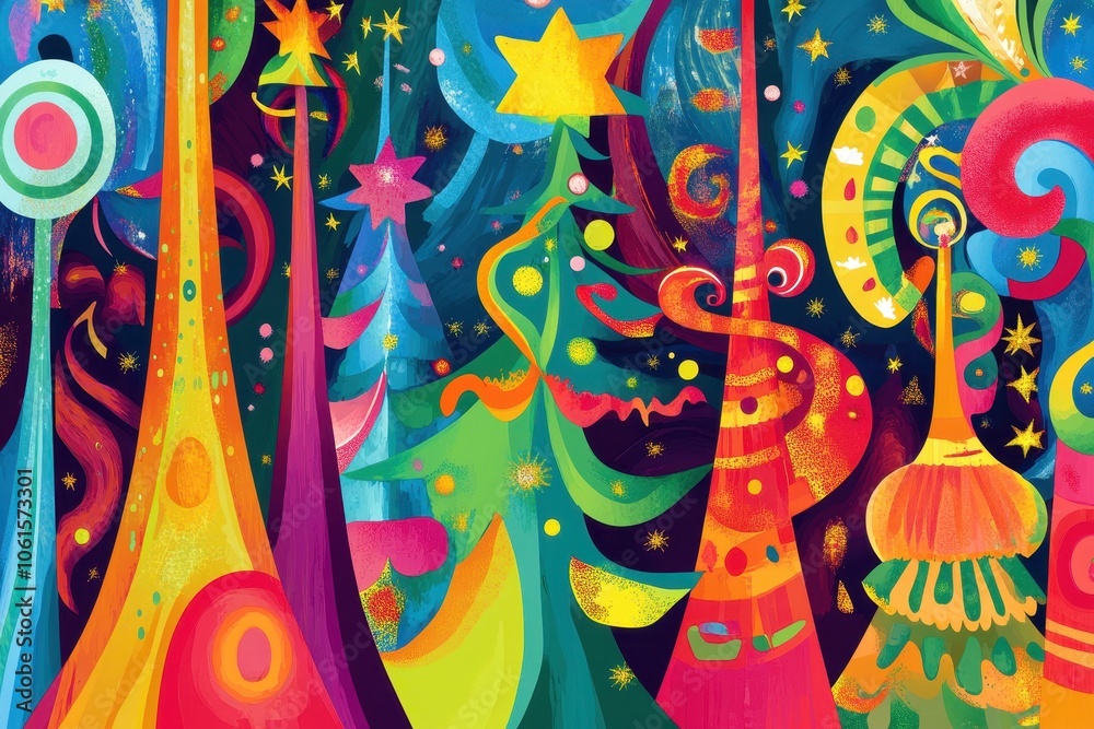 Obraz premium Abstract colorful Christmas trees with stars on a dark blue background.