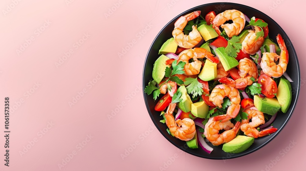 A bowl of shrimp, avocado, tomato, and red onion salad on a pink background. A bowl of shrimp, avocado, tomato, and red onion salad on a pink background.